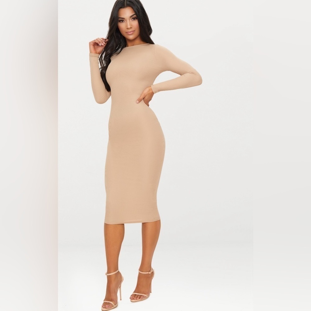 Pretty Little Thing Basic Stone Ribbed Sleeve Midi Dress in Size 2